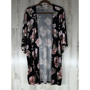 CiCi Kimono Cardigan S/M Oversized Black Pink Floral‎ Crushed Velvet Open Front